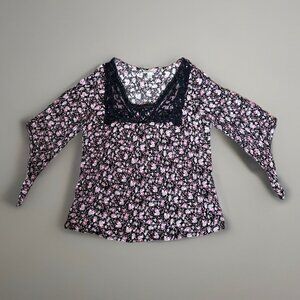 Women's Crochet Lace Trim Top Size 14/16 Dark Floral Flared Sleeves Vamp Witchy